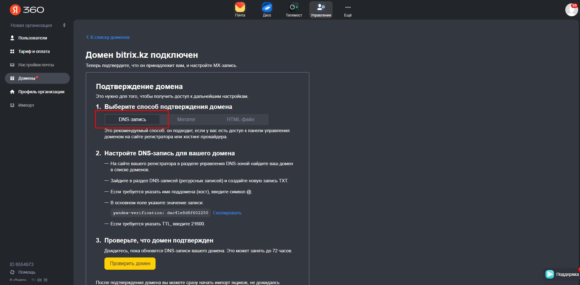Подключение корпоративного домена к Яндекс 360 через DNS хостинг